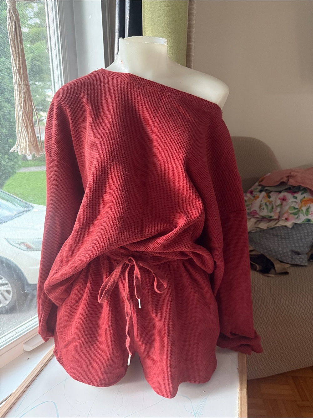 Red Waffle-Knit Off-Shoulder Sweater set